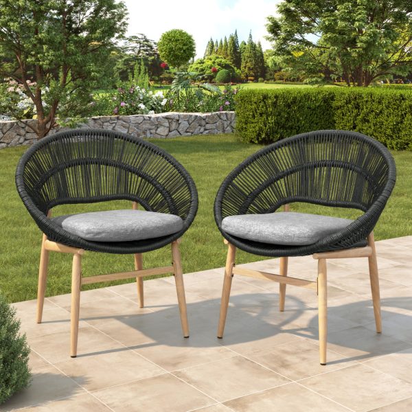 [Outdoor Wicker Papasan] Set of 2 Cyril Outdoor Wicker Papasan Chair With Teak Legs & Dark Gray Faux Rattan Frame - -Weather Suitable for,, Poolside Furniture - Cushioned Seating, Low-Maintenance Wipeable for /Outdoor Use