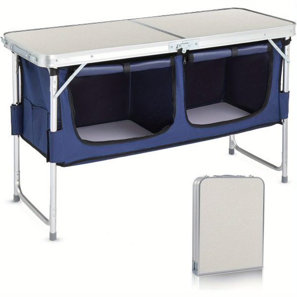 product-open-59788b29e33344b3932cf3e2433c38aa-goods Bonnlo 4ft Folding Table with Storage Aluminum Camping Picnic Table Adjustable Height for Outdoor Beach BBQ Backyards Travel Party Garden Patio Folding Dining Table Black/ White Foldable Table Camping Gear and Equipment