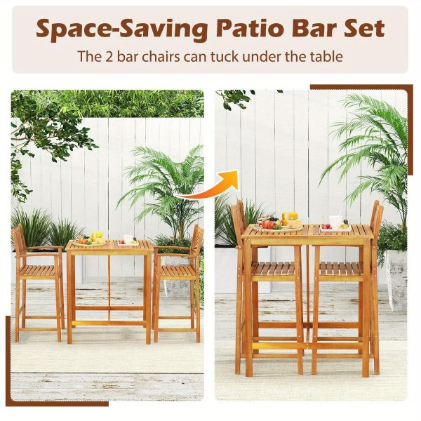 product-open-599854369700444d81f98385db3f4d69-goods LIFEZEAL 3pcs Patio Bar Table & Chairs, Outdoor Acacia Wood Bar Set w/ Slatted Seat & Tabletop, Wood Dining Bar Set w/ Appealing Backrest for Backyard, Poolside, Balcony.