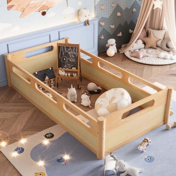 product-open-59f247bcea3d4676b59ad5528ad87c67-goods Twin Size Floor Platform Bed with Full-Length Guardrails, Low Profile Twin Bed Frame, No Box Spring Needed, Natural