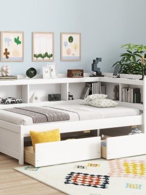 Twin Size L-Shaped Bookcase Bed with Bookshelf Headboard & Two Drawers - Space-Saving Storage Bed Frame, Modern Suitable for Small Rooms, Dorms, Apartments, No Assembly Required (No Wood)