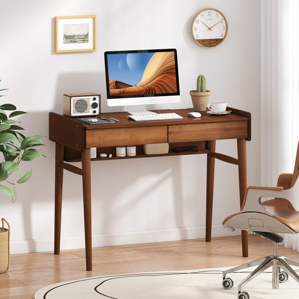 product-open-5a4c6cbdc1a44ae9a364b06bf5f28f85-goods COSTWAY Extra Long 39.5" Bamboo Computer Desk with 2 Storage Drawers & Open Shelf - Heavy-Duty Writing Desk, Space-Saving Home Office Desk, Natural Brown Finish, Easy Assembly, Sturdy Bamboo Construction for Study, Living Room
