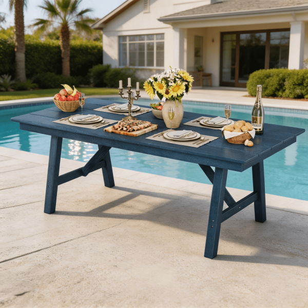 product-open-5a673c79dcdb41ada87ab28b17476a31-goods 66.9" Outdoor Dining Table for 4-6, HDPE Patio Table with Umbrella Hole, Waterproof All-Weather Rectangular Table for Backyard, Poolside & Garden