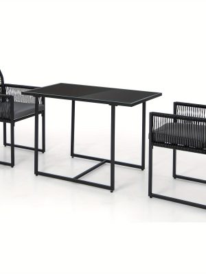 LIFEZEAL 3pcs Patio Dining Set, Outdoor Space-Saving PE Wicker Bistro Set with Cushions, Patio Tempered Glass Top Table and Chairs Set for Porch, Garden and Backyard