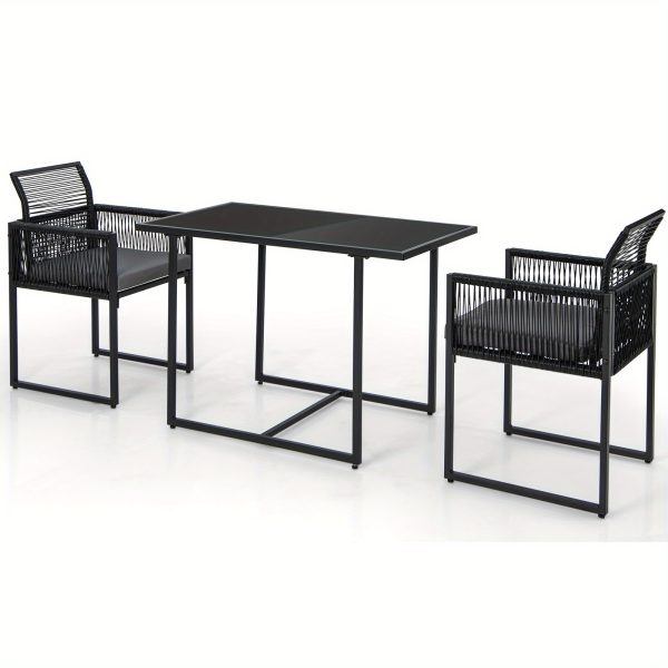 product-open-5aeed6f66428411993861f4b5e01d507-goods LIFEZEAL 3pcs Patio Dining Set, Outdoor Space-Saving PE Wicker Bistro Set with Cushions, Patio Tempered Glass Top Table and Chairs Set for Porch, Garden and Backyard