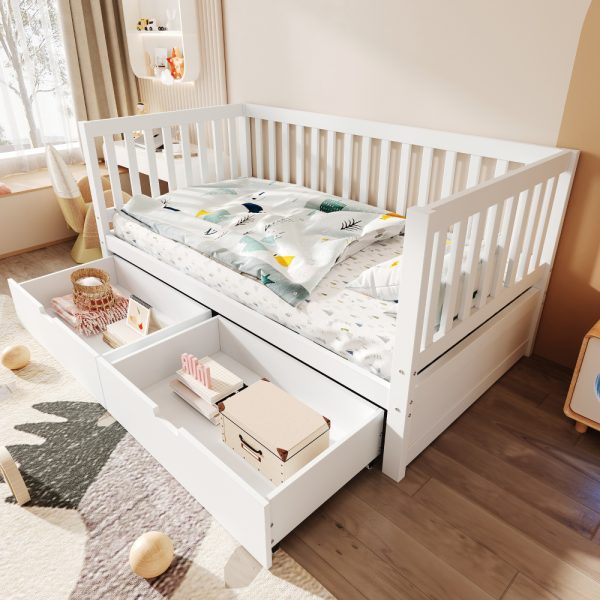 Convertible Bed with Storage Drawers, 3-In-1 Solid Wood Kids Daybed with Removable Guardrails, Compatible with Standard US Mattresses, White