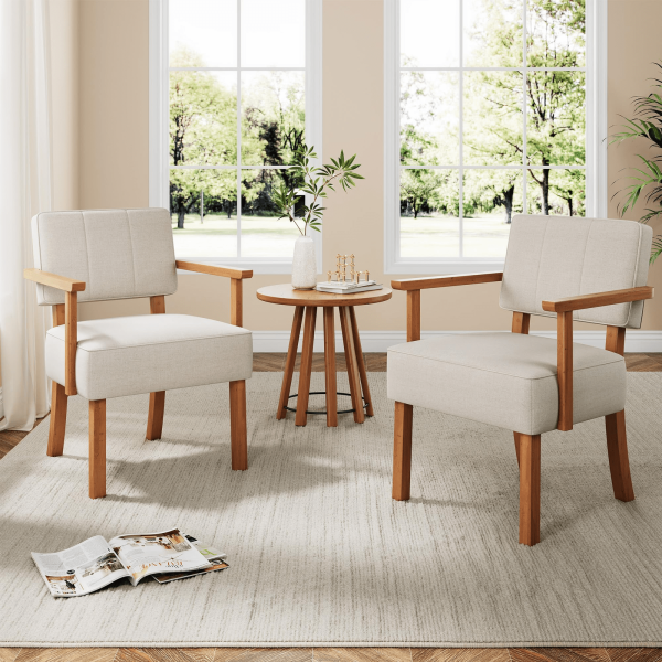 Patio Dining Set, Outdoor Chairs Set Garvee Mid-Century Accent Chair Set of 2 with Wood Frame, Linen Fabric Lounge Arm Chair with Classic Vertical Stripe Reading Leisure Chair for Living Room, Bedroom, Balcony, Beige