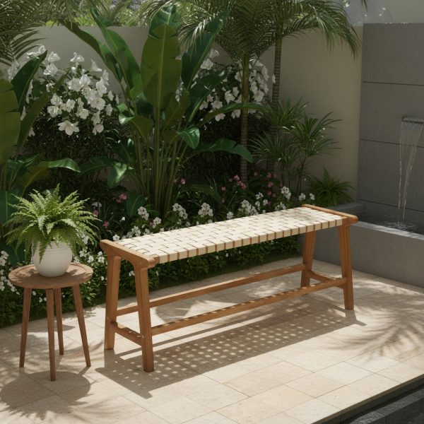 product-open-5c3938c094414463b14303b80bf8d388-goods 47-Inch Teak Outdoor Bench, Backless Wooden Dining Seat with Woven Fabric, Sturdy Wood Legs, Suitable for Indoor/Outdoor Use in Porch, Backyard, Deck, Or Entryway
