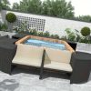 [Outdoor All Weather Sofa] Patio Rattan Sofa Set Spa Surround Spa Frame With Storage Spaces, Outdoor All Weather Round Conversation Sofa Set With Acacia Wood Seats And Waterproof Cushion, Free Combination