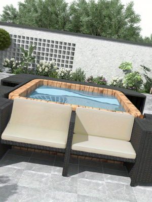 [Outdoor All Weather Sofa] Patio Rattan Sofa Set Spa Surround Spa Frame With Storage Spaces, Outdoor All Weather Round Conversation Sofa Set With Acacia Wood Seats And Waterproof Cushion, Free Combination