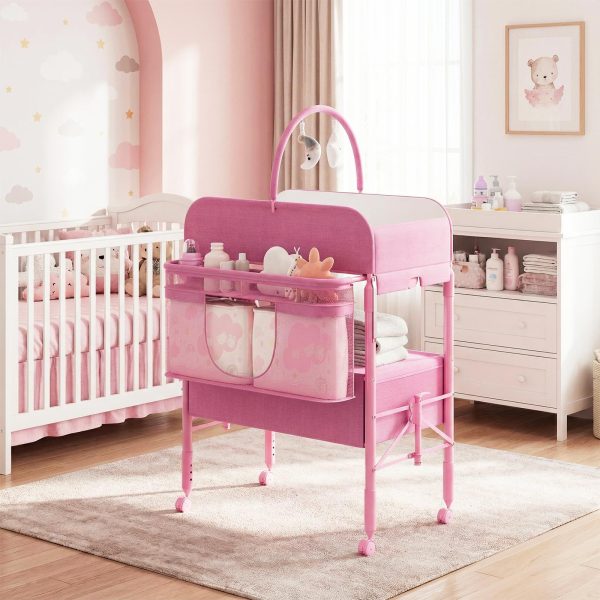 Height-Adjustable Baby Changing Station on Wheels - Compact Design, Two Storage Drawers, Quality - Portable And Space-Efficient Nursery Organizer for Infants And Newborns