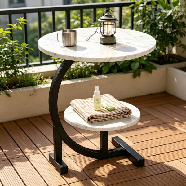 [Outdoor Patio Table] 2-Tier Outdoor Patio Side Table, C-Shaped Weather Resistant Faux Marble End Table with Sturdy Metal Frame, Perfect for Garden, Backyard, Balcony, Poolside, Small Spaces, Indoor & Outdoor Use