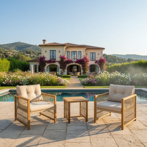 product-open-5cea5770e68f4304961db0825d6f355b-goods 3pcs Outdoor Acacia Wood & PE Rattan Bistro Set with Removable Cushions & Slatted Coffee Table - All-Weather Patio Furniture, Armchairs and Table for Poolside, Backyard, Balcony - Easy Assembly Required