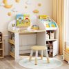 product-open-5cff23aa61fe4b82ae5c856f2b3383fd-goods Kids Desk And Chair Set with Storage And 1 Stool, Wooden Kids Desk W/ 2 Storage Cabinets And Bookshelves, Children Writing Drawing Table, Student Kid Study Table for Boys, Girls