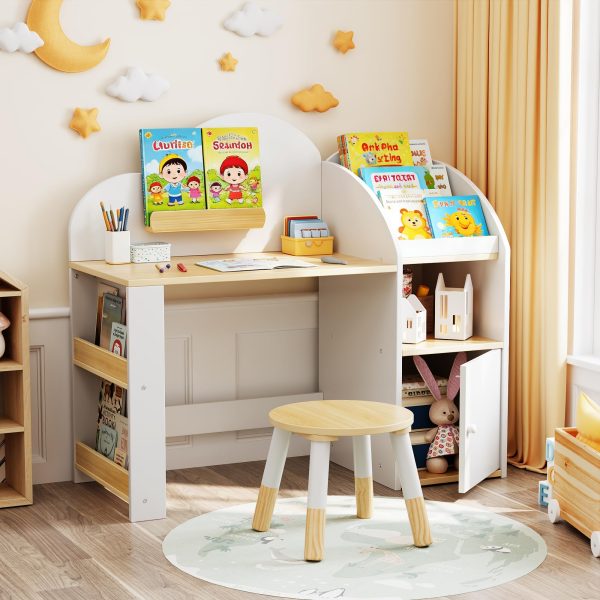 product-open-5cff23aa61fe4b82ae5c856f2b3383fd-goods Kids Desk And Chair Set with Storage And 1 Stool, Wooden Kids Desk W/ 2 Storage Cabinets And Bookshelves, Children Writing Drawing Table, Student Kid Study Table for Boys, Girls