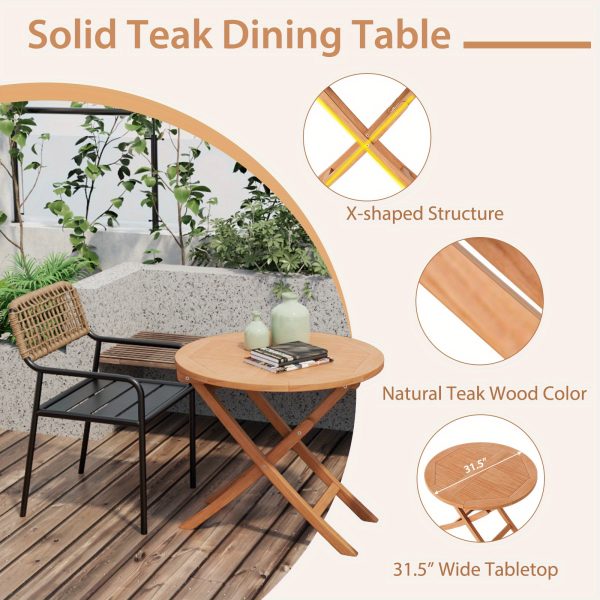 product-open-5d1509552b414532a49ee4d1e3ac9445-goods COSTWAY 31.5" Solid Indonesia Teak Wood Round Folding Patio Table - Portable Outdoor Dining Table with X-Frame Stability, 220lb Capacity, Natural Finish for Backyard, Poolside & Balcony, Classic Design