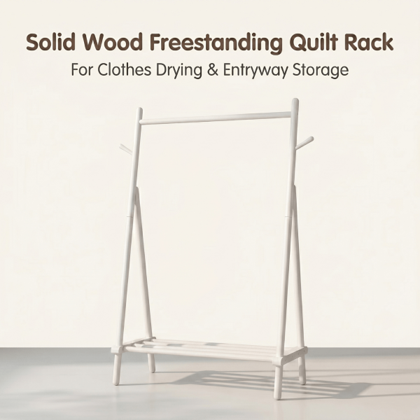 product-open-5d3f3f4b3c834ae7ad19f23f64748f00-goods Solid Wood Quilt Rack with Bottom Storage Shelf - Modern Space-Saving Bed Frame Suitable for Home, Durable, Assembly Bedside Shelf Furniture, Rubberwood Bed Storage for Small Spaces (No Shelf Assembly)