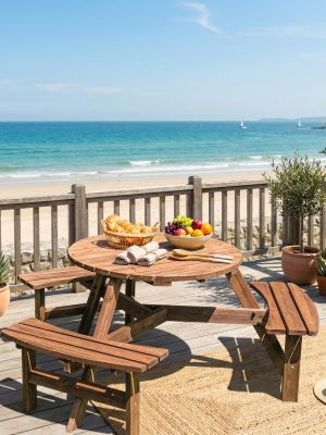 6-Person Outdoor Wooden Picnic Table, Round Table And 3 Benches with Umbrella Hole, Outdoor Seating And Dining Furniture for Patio Garden Backyard Lawn, 1700 LBS Capacity