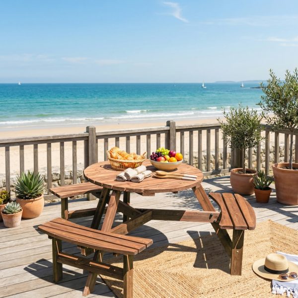 product-open-5dedc0af10a8450caa6a74ac1a589bd2-goods 6-Person Outdoor Wooden Picnic Table, Round Table And 3 Benches with Umbrella Hole, Outdoor Seating And Dining Furniture for Patio Garden Backyard Lawn, 1700 LBS Capacity