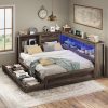 product-open-5e07c82ee39545d6a11c03f235383a7c-goods PAPAJET Storage Corner Bed Frame with Bookcase Headboard LED Lights Charging Station and Drawers Farmhouse Platform Bed for Bedroom