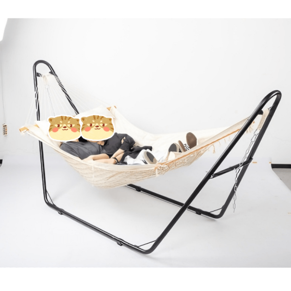 [Outdoor Camping] BABABA Heavy-Duty Iron Hammock with Stand - Large Outdoor Hanging Bed, 315x104x128cm Gray Bed Frame & Black Poles, 440lb Weight Capacity, Double-Layer Quilted Canvas Suitable for,, Balcony, Camping