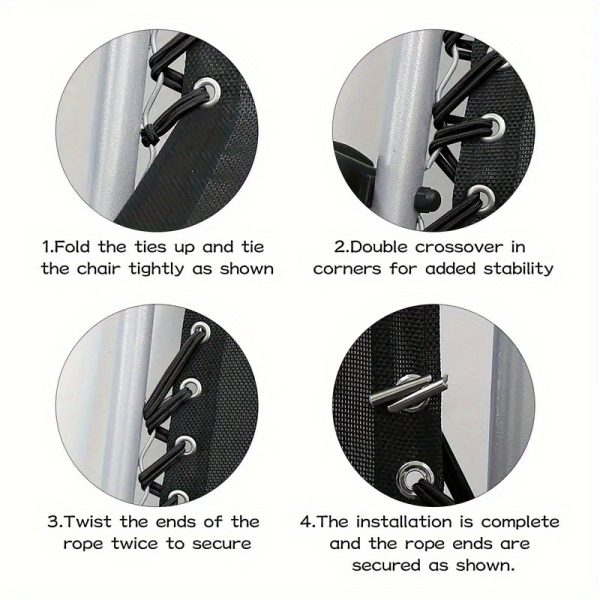 4pcs Zero Gravity Chair Repair Kit with Replacement Ropes - Elastic Straps And Metal Rings, Black Fabric, Compatible with Lounge Chairs/Recliners