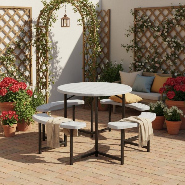 product-open-6018bd02ca774ea3b18c1f0e3caa2b44-goods 8-Person Round Picnic Table Set, 37-Inch Outdoor Dining Table with 4 Curved Benches And Umbrella Hole, HDPE Top And Metal Frame, Circular Patio Camping Table for Backyard, Garden, Lawn, Porch