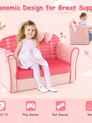 COSTWAY Double Sofa with Ottoman, Upholstered Couch Featuring Curved Armrests, Adorable Bow, Sturdy Wooden Frame, Soft Velvet Loveseat Chair for Kids -5