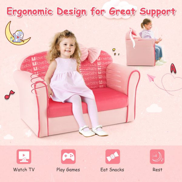 product-open-6099b1b1330549b988b3f405eeb21a87-goods COSTWAY Double Sofa with Ottoman, Upholstered Couch Featuring Curved Armrests, Adorable Bow, Sturdy Wooden Frame, Soft Velvet Loveseat Chair for Kids -5