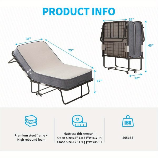 product-open-60b1e3b3171648b8a0e5ec60f35e442e-goods Folding Bed with 4 Inch Memory Foam Mattress, Single Rollaway Bed for Guests, Space Saving Portable Bed with Lockable Wheels, Easy Assembly& Moving, 75 x 31(Standard)