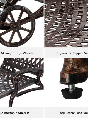 Andehomy Cast Aluminum Outdoor Lounge Chair on Wheels, Patio Recliner with Adjustable Backrest in 3 Positions, Perfect for Poolside Relaxation, Bronze And White Color