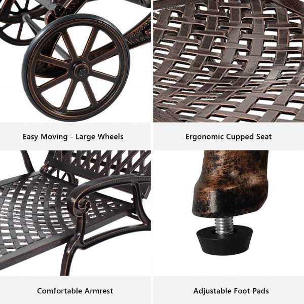 product-open-60cfca10c600464a8693a5df905bc4c9-goods Andehomy Cast Aluminum Outdoor Lounge Chair on Wheels, Patio Recliner with Adjustable Backrest in 3 Positions, Perfect for Poolside Relaxation, Bronze And White Color