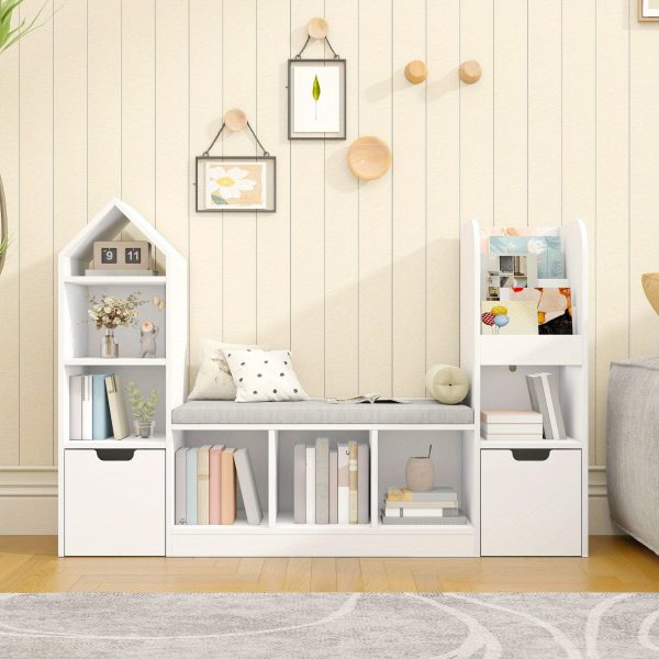 product-open-6159c0a7e6ac463089958e39e1b29ce7-goods Nordic Style Bookcase with Reading Nook | Space-Saving Storage Cabinet with 7 Cubbies, 2 Movable Drawers & Seat Cushion, Multifunctional Organizer for Living Room, Bedroom, Office, Wood Color, Hardwood Material, VABCHES Brand
