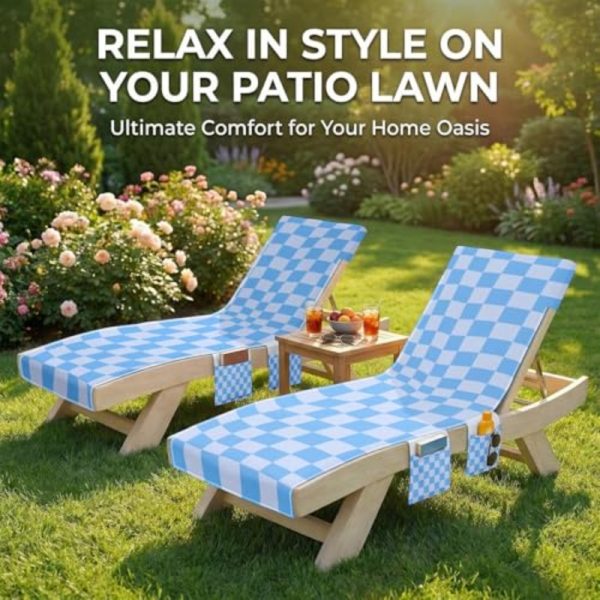 product-open-618f6d85ba9247d0a8f9d9d9415591ac-goods Lounge Chaise Chair Towel Covers Pack of 2, Beach Chair Cover with 3 Pockets for Pool Outdoor Beach Garden Patio Trips, 85 X30in (Blue Checkerboard)