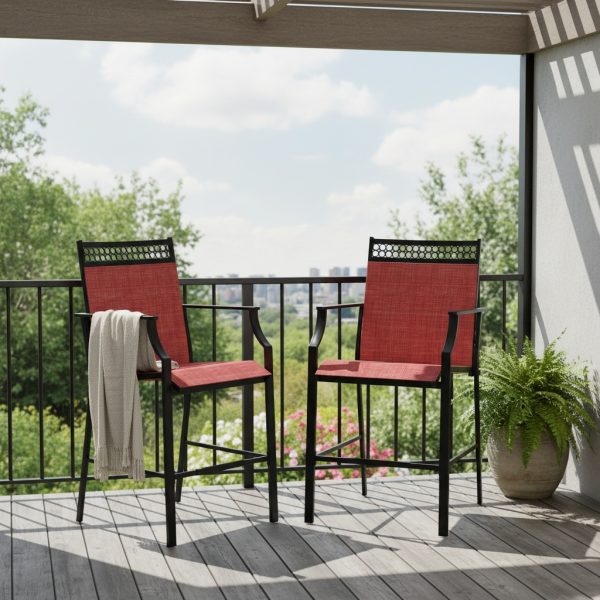 product-open-61cfe784a2644d8883eb24ff57ce51f4-goods Set of 2 Heavy-Duty Metal Bar Stools with High Back, Armrests & Footrest - Counter Height Patio Chairs with Sturdy Metal Frame, Red Cushioned Seats