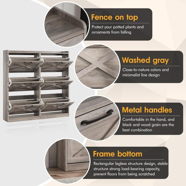 product-open-61d0bd7340ba41bbad84c59f6583614c-goods Washed Gray Shoe Storage Cabinet with 6 Flip Drawers | Narrow Freestanding Shoe Cabinet and Shoe Storage Organizer with Metal Handles for Entryway, Large Shoe Rack Organizer, Modern Farmhouse Style, Ideal for Shoe Racks, Made of Particle Board