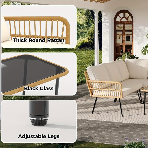 product-open-624d5b68148747d38f127588b82e0ac7-goods Senfot 4pcs Outdoor Patio Furniture Set with Table, All-Weather Boho Wicker Rattan Patio Sectional L-Shaped Sofa, Metal Frame, Detachable Cushions, for Patio, Balcony, Backyard, Deck, Beige