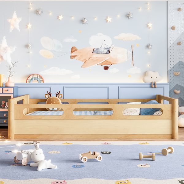 product-open-6278e4a92d124ba39056123ebca98994-goods Twin Size Floor Platform Bed with Full-Length Guardrails, Low Profile Twin Bed Frame, No Box Spring Needed, Natural