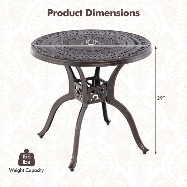 31. 5-Inch Cast Aluminum Dining Table, Round Bistro Table W/ 1. 96-Inch Umbrella Hole & Adjustable Leveling Feet, Robust Metal Patio Table for Backyard & Porch