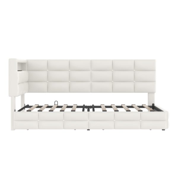 Upholstered Twin Size Daybed with Storage 2 Drawers and Charging Station, Day Bed Frame with LED Lights and Storage Headboard, No Box-Spring Needed, Beige