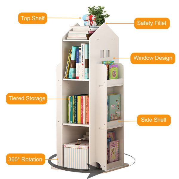 product-open-654f218d88c14e088460f96e7748c086-goods 4-Tier Rotating Bookshelf, 360° Display Book Shelf, Floor Standing Bookcase, Children's Bookshelves for Bedroom, Living Room, Study Room ( WHITE Color)