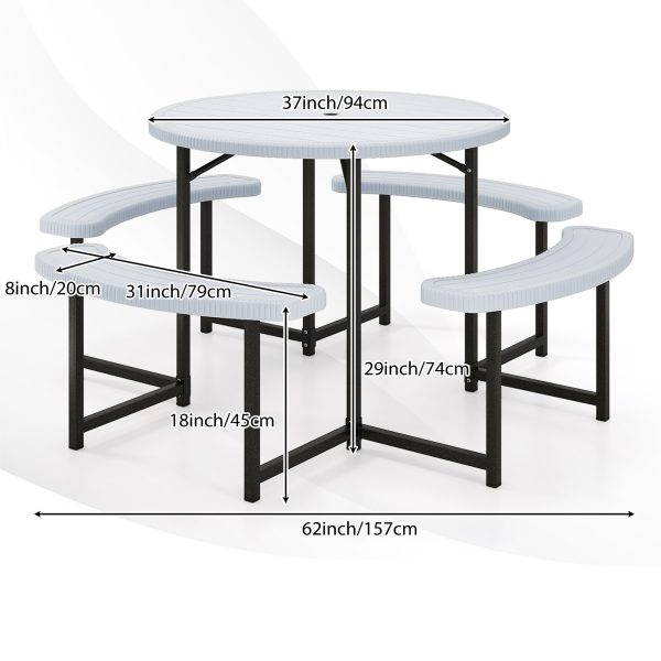 product-open-65659534738f4804ba9d107b9f1f825b-goods 8-Person Round Picnic Table Set, 37-Inch Outdoor Dining Table with 4 Curved Benches And Umbrella Hole, HDPE Top And Metal Frame, Circular Patio Camping Table for Backyard, Garden, Lawn, Porch