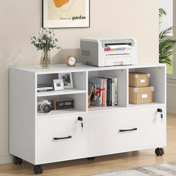 product-open-65bf3a4f06034b6fa9637897a2e5f7fa-goods 2 Drawer Wood Mobile Large Lateral File Cabinet with Lock, Lockable Rolling Filing Cabinet with Storage Shelves, Printer Stand Office Storage Cabinet for Home Office Fits Files Legal/A4, White