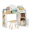 product-open-65d910b74c22493a82df53eccf2cd26a-goods Kids Desk And Chair Set with Storage And 1 Stool, Wooden Kids Desk W/ 2 Storage Cabinets And Bookshelves, Children Writing Drawing Table, Student Kid Study Table for Boys, Girls