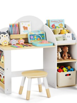 Kids Desk And Chair Set with Storage And 1 Stool, Wooden Kids Desk W/ 2 Storage Cabinets And Bookshelves, Children Writing Drawing Table, Student Kid Study Table for Boys, Girls