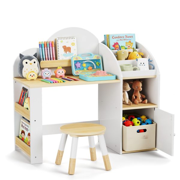 product-open-65d910b74c22493a82df53eccf2cd26a-goods Kids Desk And Chair Set with Storage And 1 Stool, Wooden Kids Desk W/ 2 Storage Cabinets And Bookshelves, Children Writing Drawing Table, Student Kid Study Table for Boys, Girls