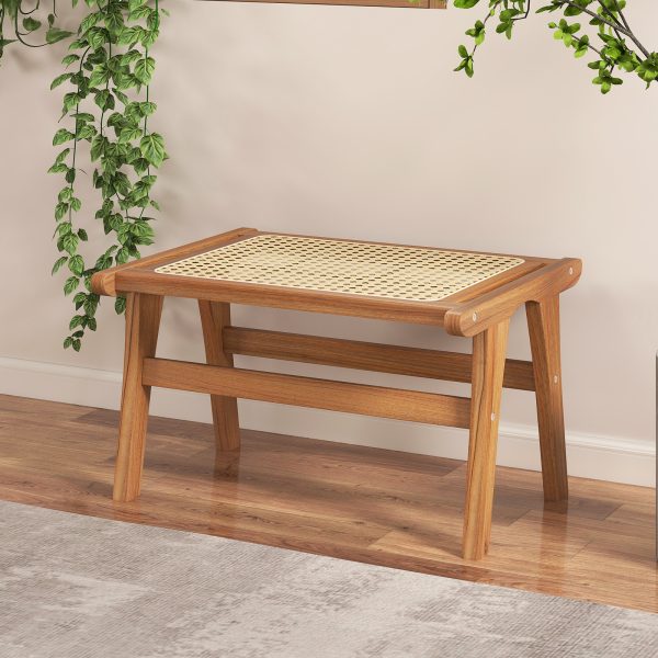 product-open-6677ecf4b4784b5faf6436b26be0f1f6-goods Ottoman Footstool, Natural Teak Wooden Foot Rest W/ Handwoven Rattan for Living Room Bedroom Office, 14" H, Indoor