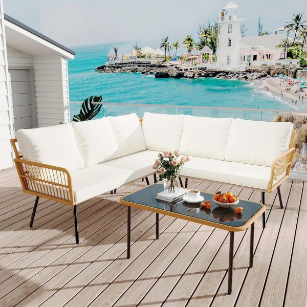 product-open-66f04824b17648bc95657127ff010184-goods Senfot 4pcs Outdoor Patio Furniture Set with Table, All-Weather Boho Wicker Rattan Patio Sectional L-Shaped Sofa, Metal Frame, Detachable Cushions, for Patio, Balcony, Backyard, Deck, Beige