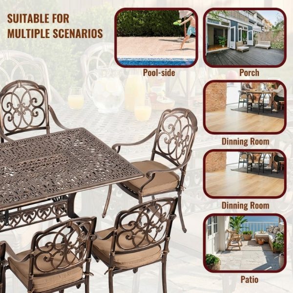 9pcs Cast Aluminum Outdoor Patio Dining Set - Ornate Scrollwork Design, Weather-Resistant Rust-Proof Frame, Square Table & 6 Cushioned Chairs, Suitable for Garden, Backyard & Poolside