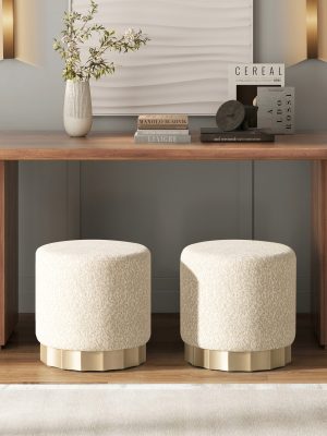 Hampton 18' Round Upholstered Ottoman with Scalloped Base Speckled Egg Beige Chenille